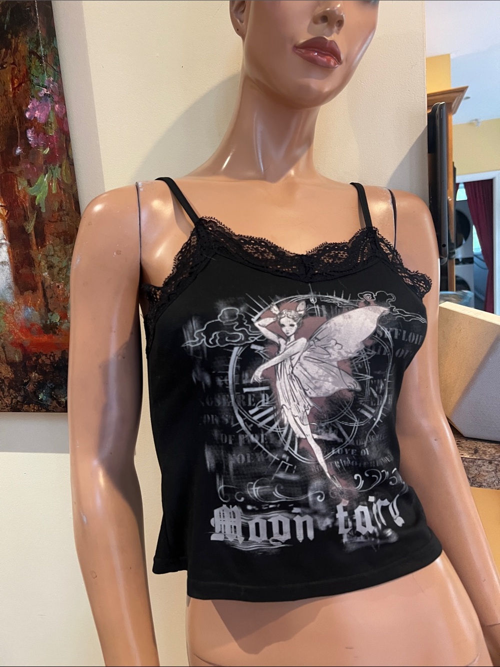 Black Camisole with moon Fairy S Gothic w Lace Trim nwot